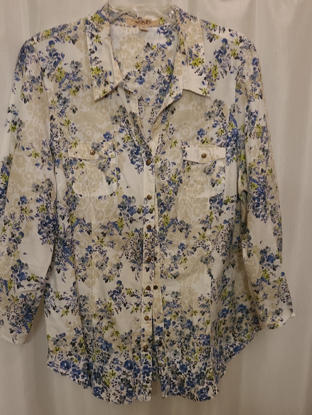 Floral Button-Front Shirt in White with Blue & Green Print